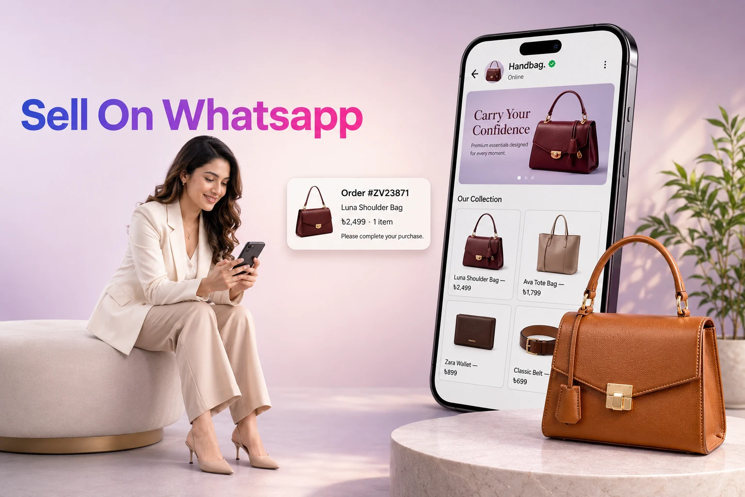 Customer shopping for handbags and completing an order through WhatsApp